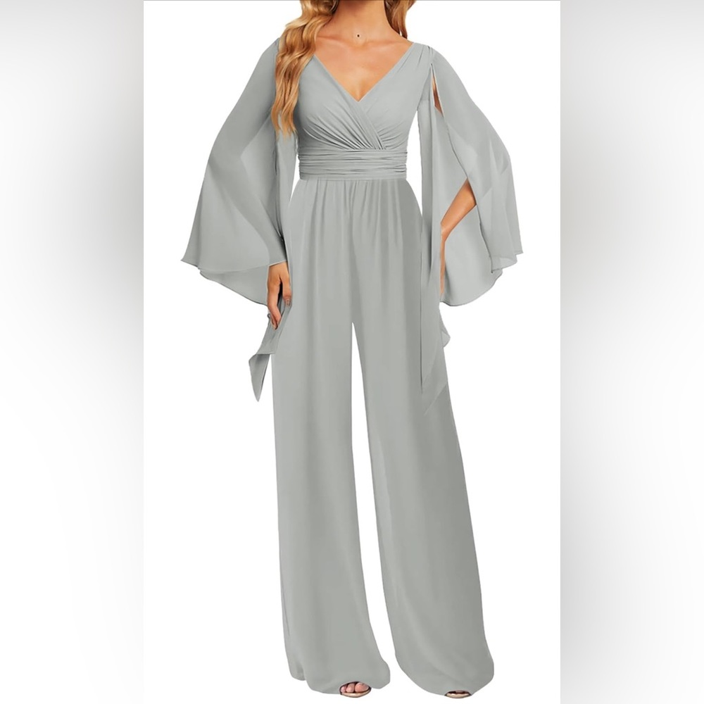 Silver Bridesmaid Jumpsuit Chiffon V Neck Dress Long Sleeves